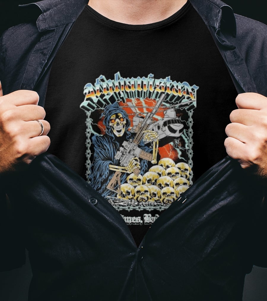 Afghanistan Chrome Skull With Helicopter Good Times Bad Places T-Shirt