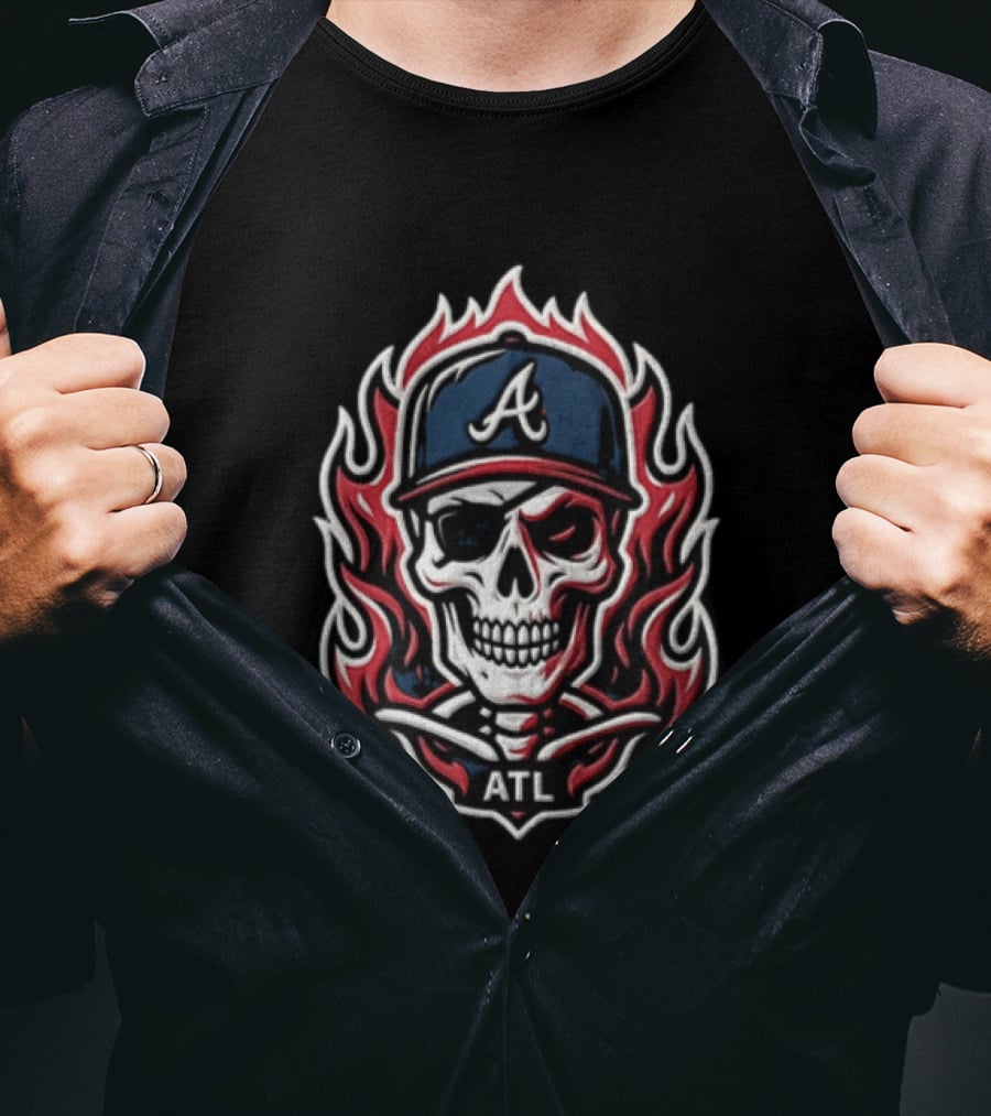 Atlanta Braves Skull Cap Flames ATL T-Shirt