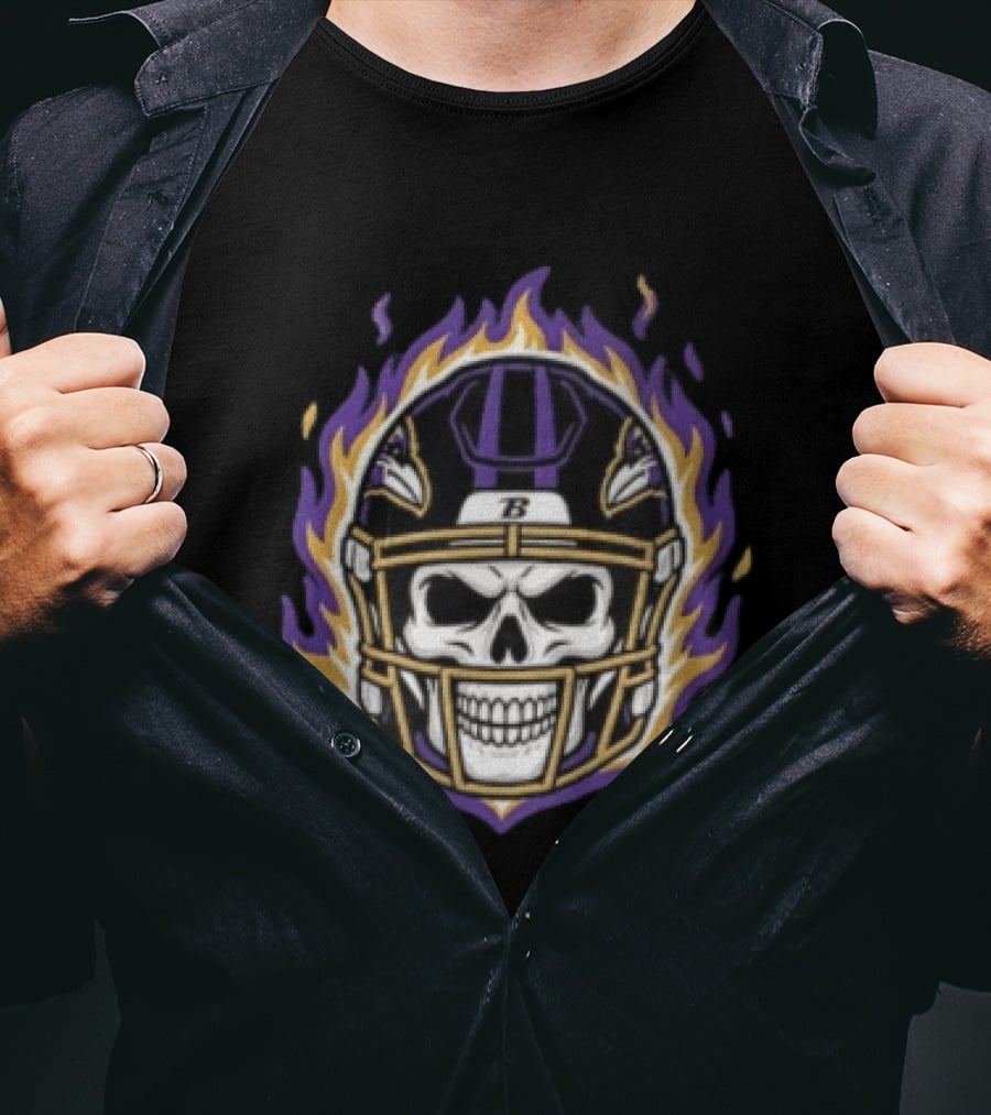 Baltimore Ravens Skeleton Flaming Helmet Football Player Lamar Jackson T-Shirt