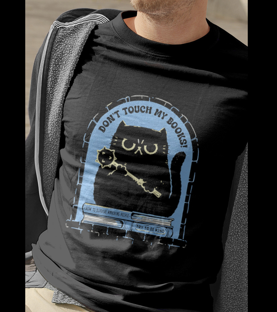 Black Cat Don't Touch My Books Illustration With Mace And Stacked Books T-Shirt