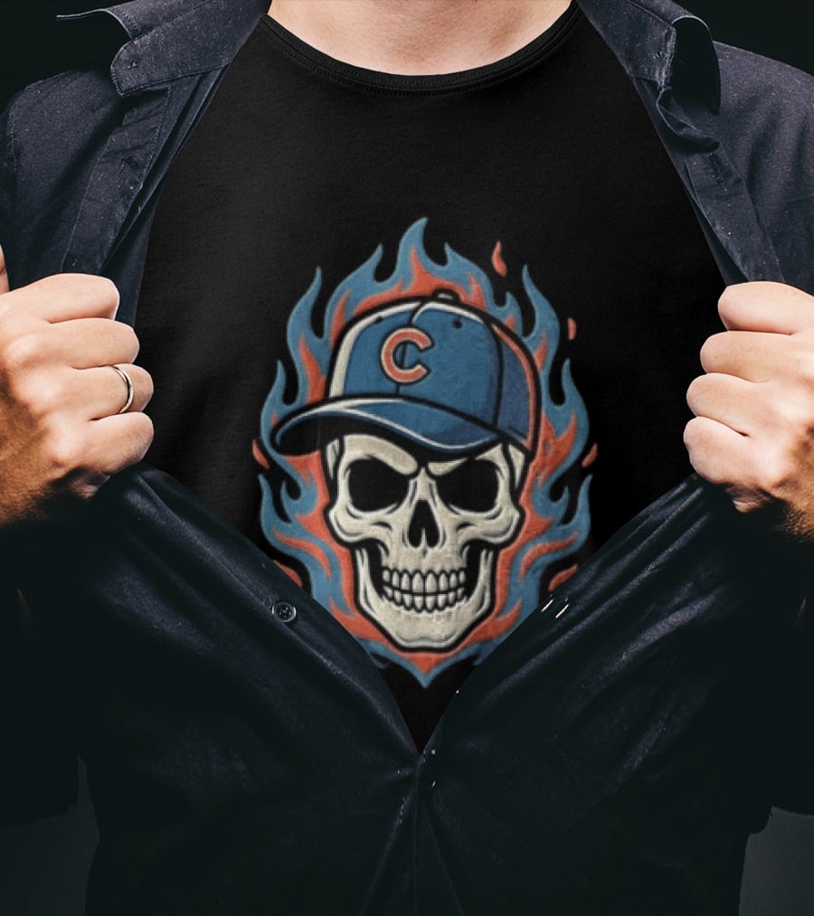 Chicago Cubs Skull Cap Flames T-Shirt