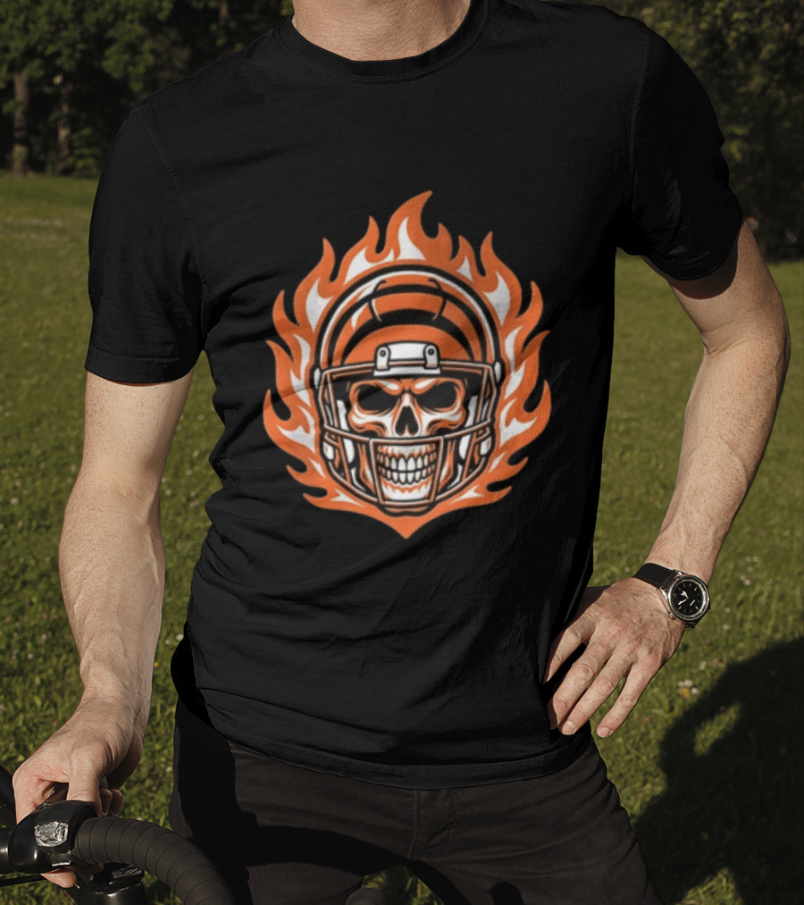 Cincinnati Bengals Skeleton Football Player Flaming Helmet T-Shirt