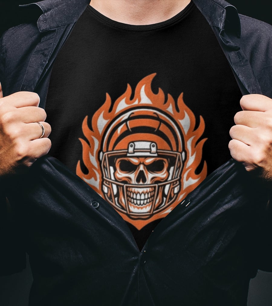 Cincinnati Bengals Skeleton Football Player Flaming Helmet T-Shirt