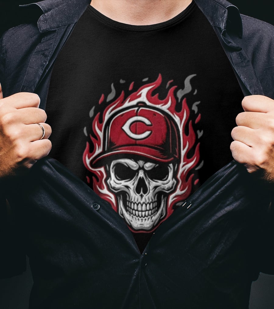 Cincinnati Reds Skull In Baseball Cap With Flames T-Shirt