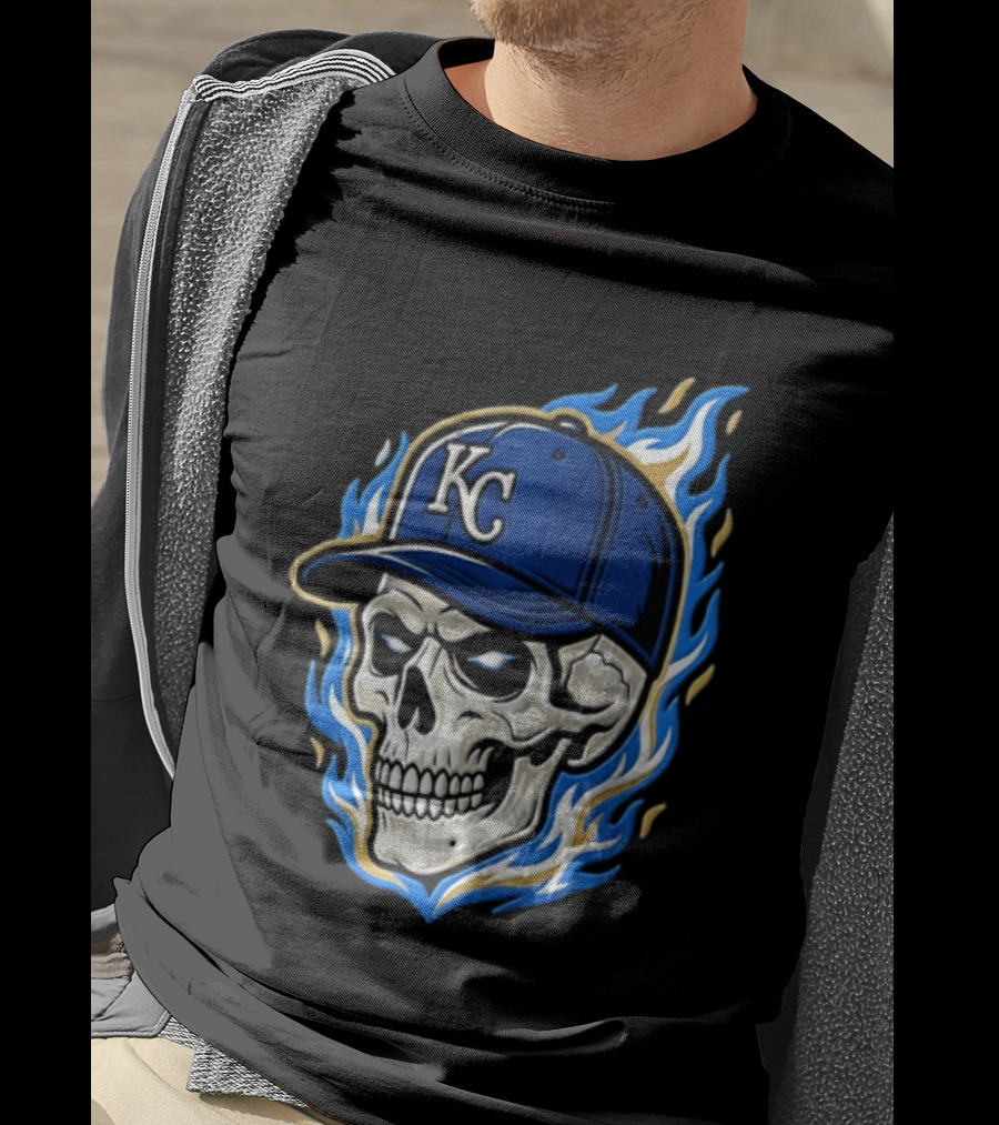 Kansas City Royals Skull Baseball Cap Flame T-Shirt