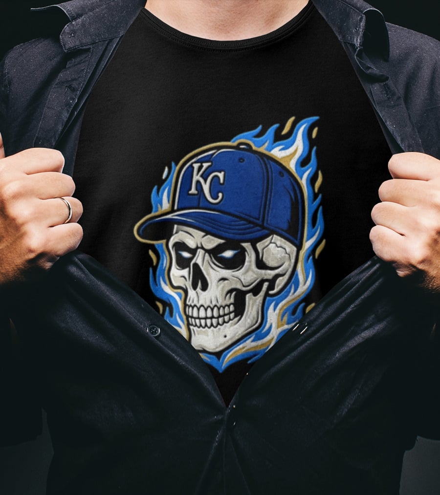 Kansas City Royals Skull Baseball Cap Flame T-Shirt