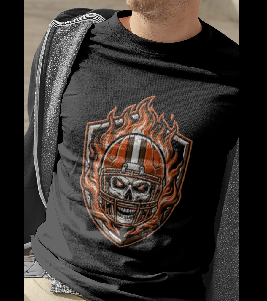 Cleveland Browns Skeleton Football Player Flaming Helmet Shield T-Shirt