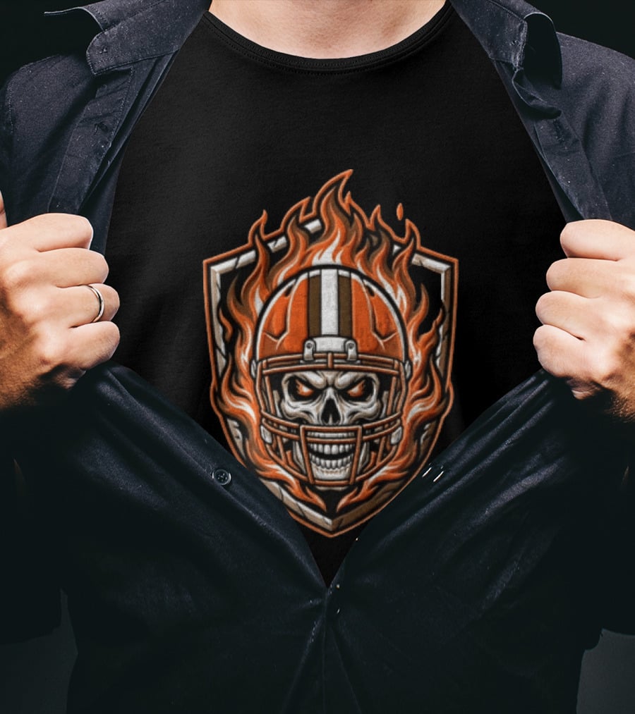Cleveland Browns Skeleton Football Player Flaming Helmet Shield T-Shirt