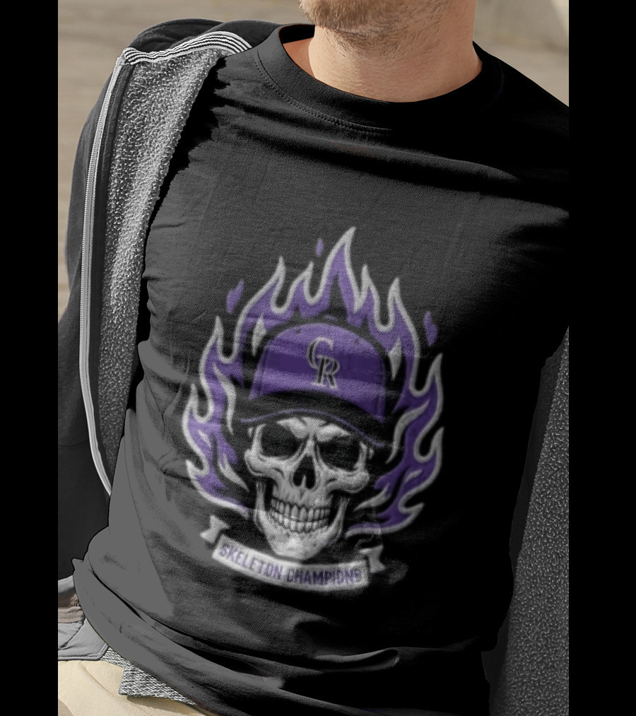 Colorado Rockies Skeleton Champions Skull In Baseball Cap With Purple Flames T-Shirt