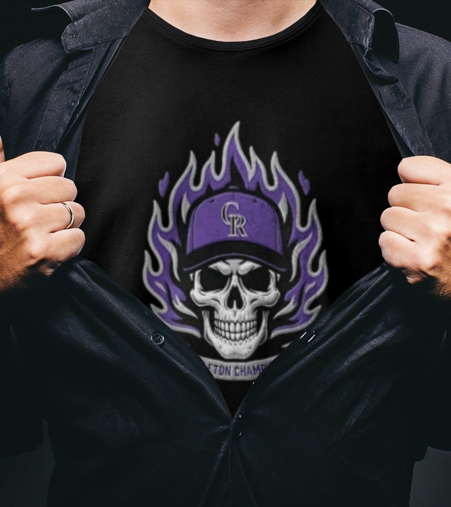 Colorado Rockies Skeleton Champions Skull In Baseball Cap With Purple Flames T-Shirt