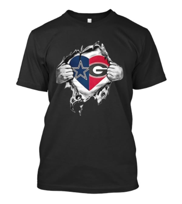 Dallas Cowboys Georgia Bulldogs Heart Design With Ripping Hands T-Shirt
