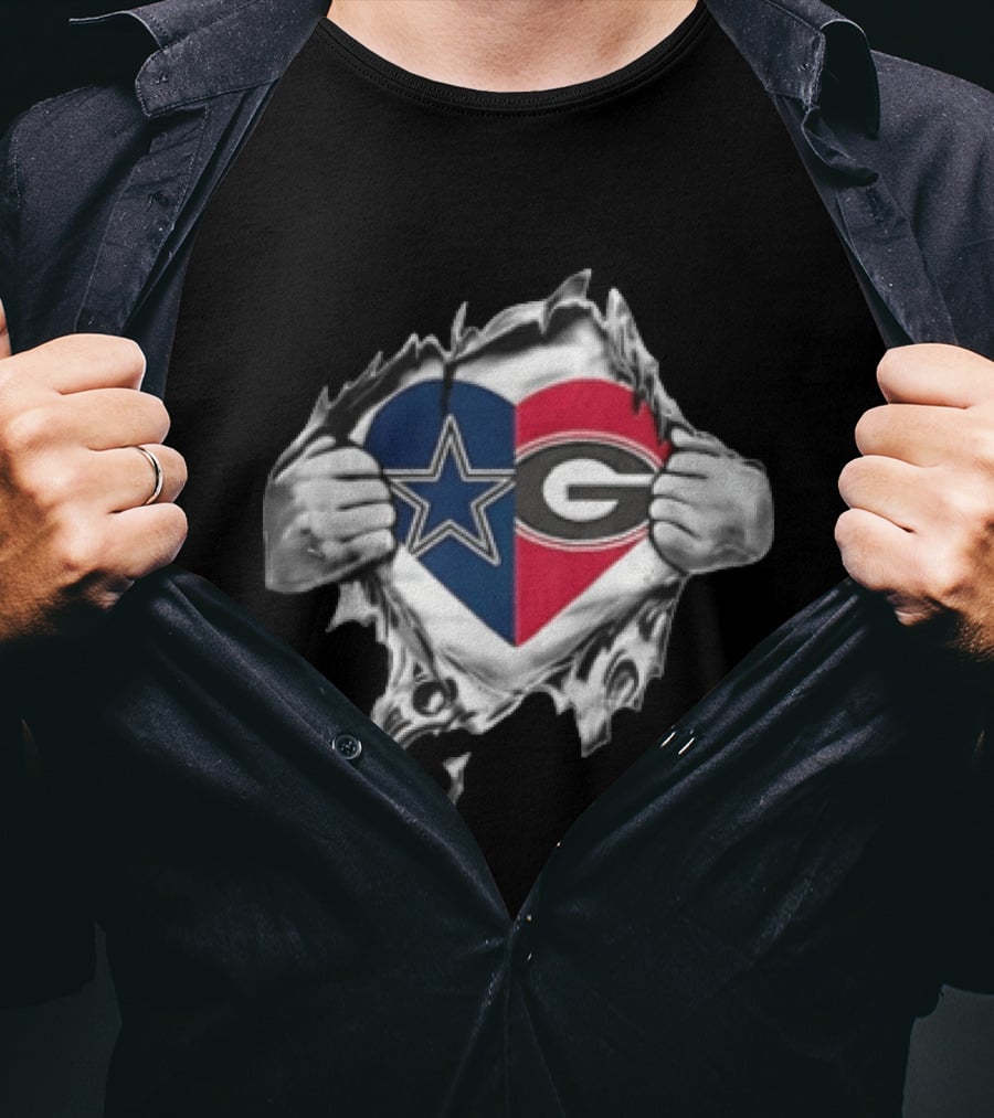 Dallas Cowboys Georgia Bulldogs Heart Design With Ripping Hands T-Shirt
