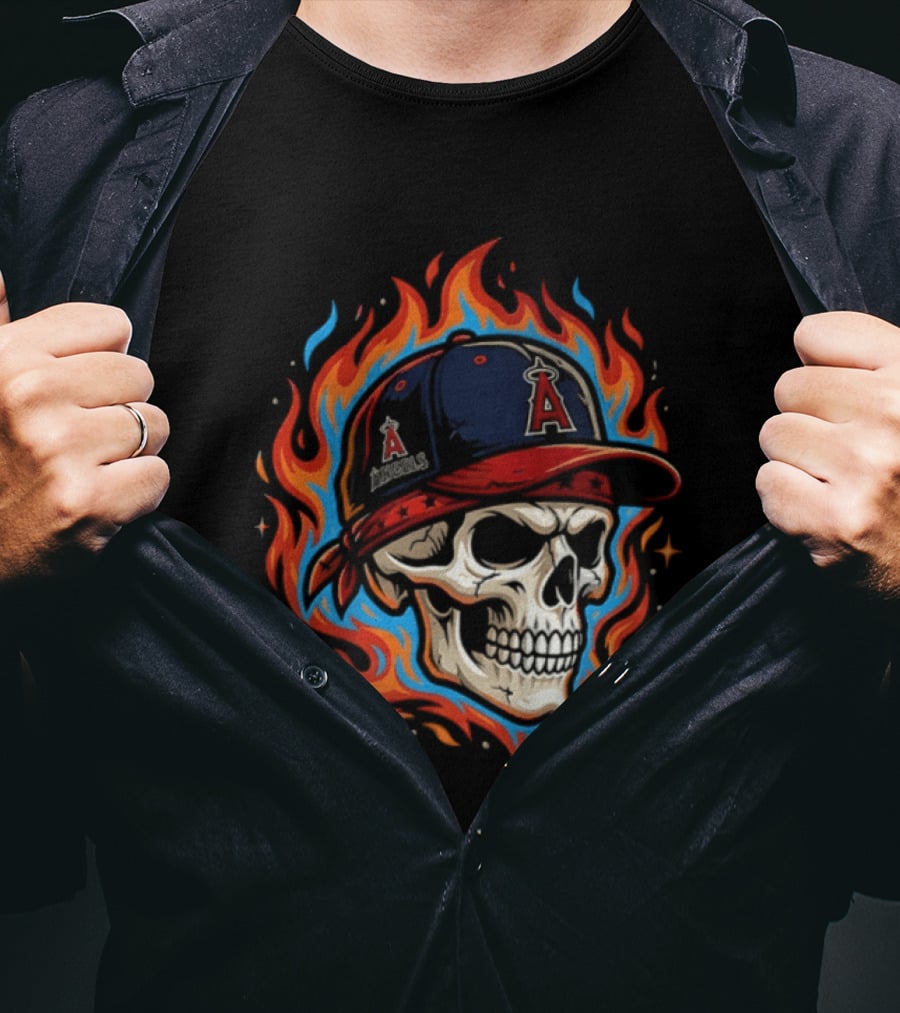 Los Angeles Angels Skull In Baseball Cap With Flames T-Shirt