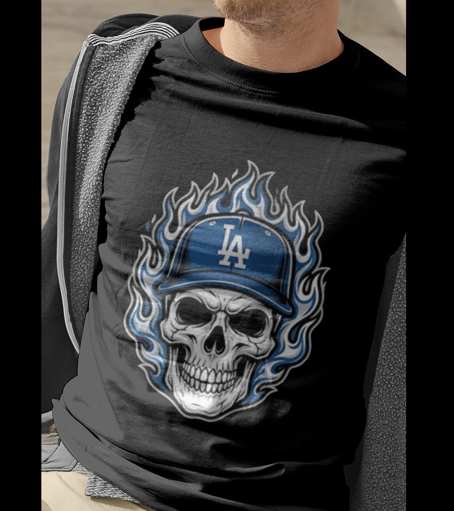 Los Angeles Dodgers Skull Cap Flames T-Shirt