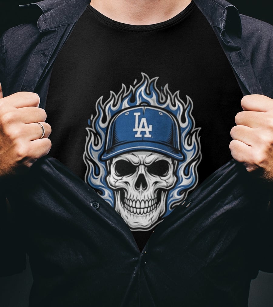 Los Angeles Dodgers Skull Cap Flames T-Shirt