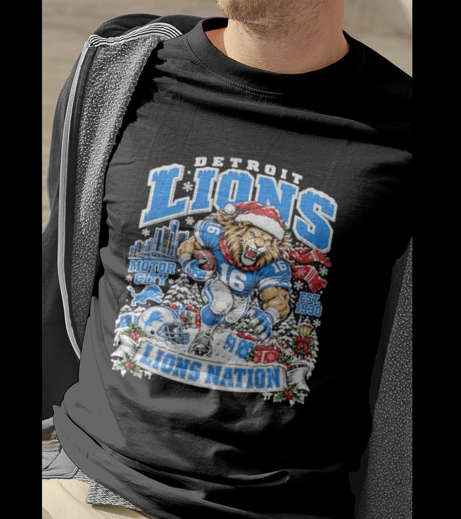 Detroit Lions Nation Christmas Motor City Est 1930 Santa Hat Football T-Shirt
