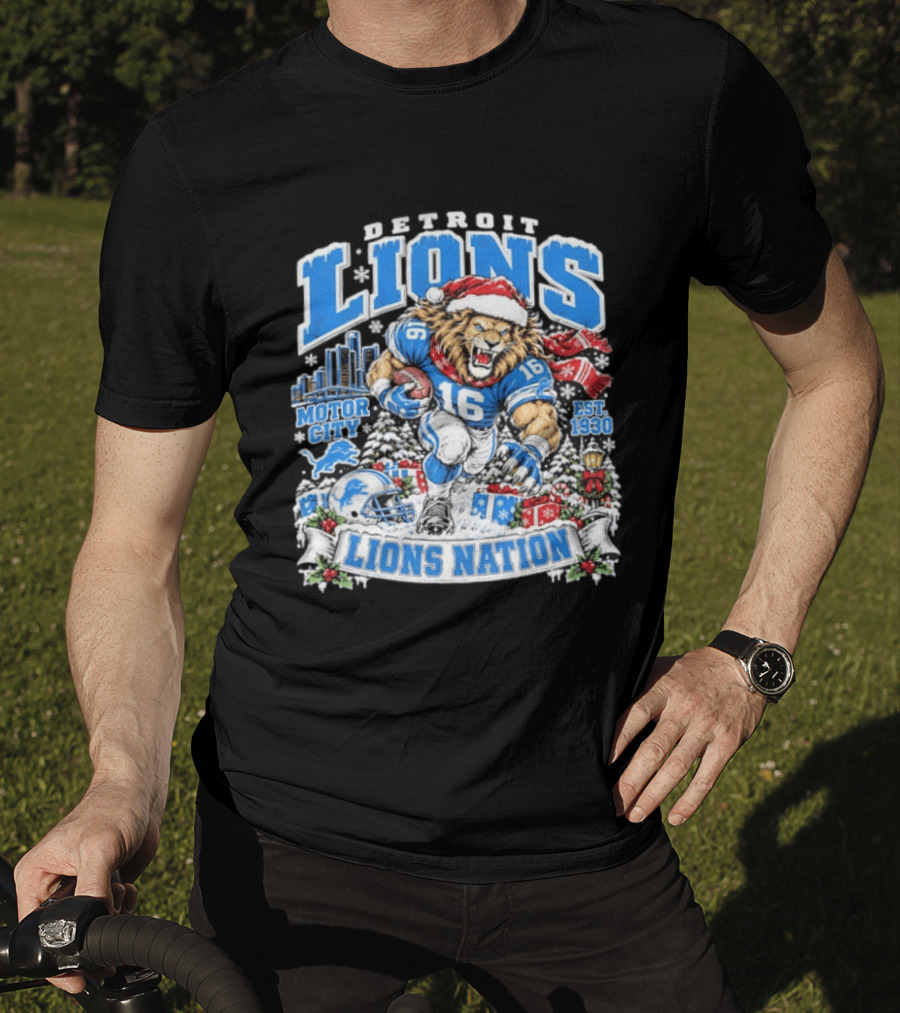 Detroit Lions Nation Christmas Motor City Est 1930 Santa Hat Football T-Shirt