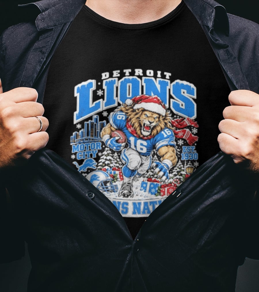 Detroit Lions Nation Christmas Motor City Est 1930 Santa Hat Football T-Shirt