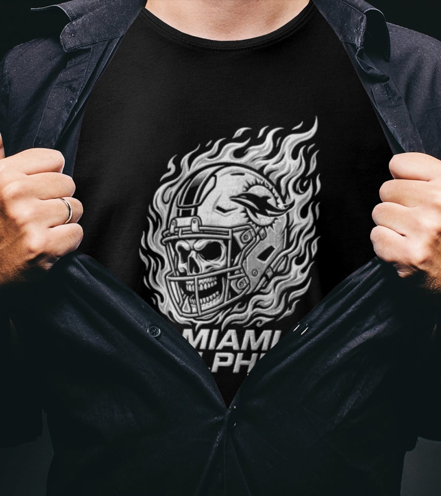 Miami Dolphins Fiery Skeleton Helmet T-Shirt