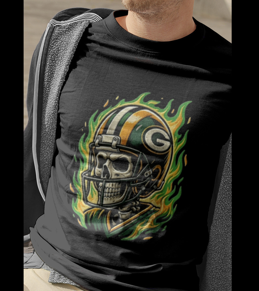 Green Bay Packers Skeleton Football Player Flaming Helmet T-Shirt