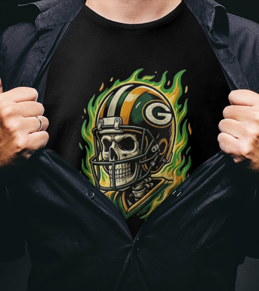 Green Bay Packers Skeleton Football Player Flaming Helmet T-Shirt