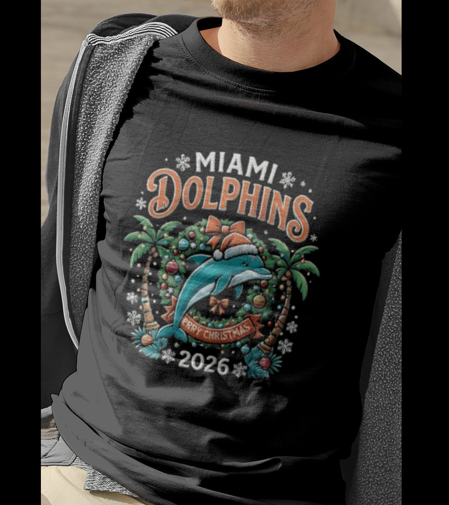 Miami Dolphins Merry Christmas Santa Hat Wreath 2026 T-Shirt