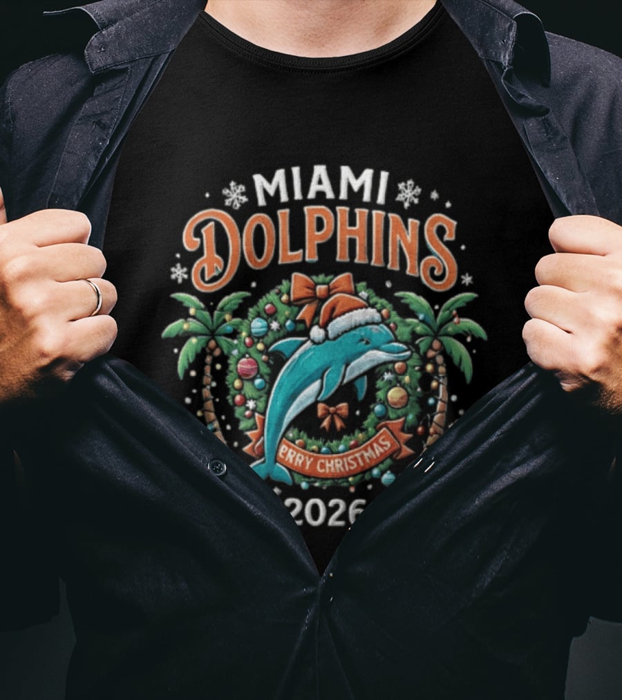 Miami Dolphins Merry Christmas Santa Hat Wreath 2026 T-Shirt