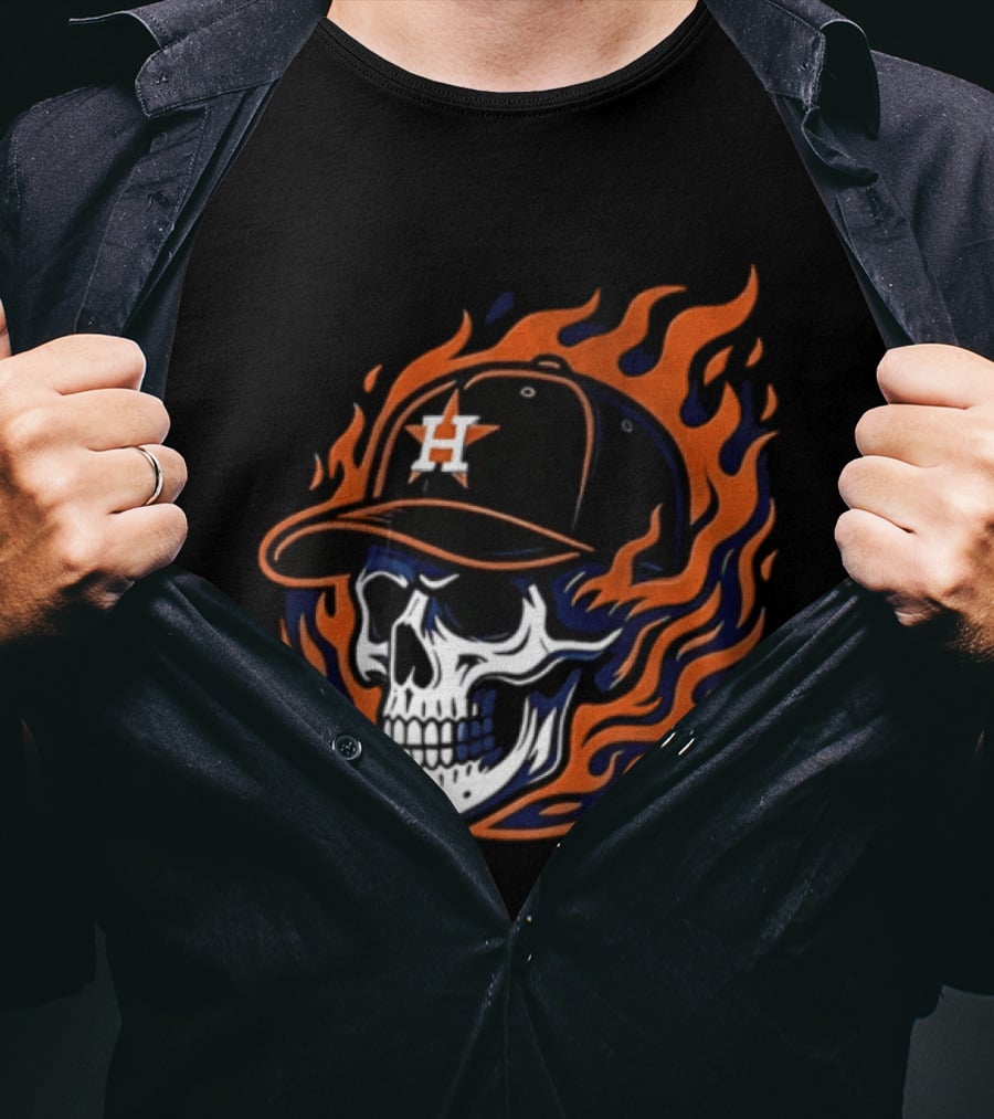Houston Astros Skull Cap Flames Jesus Trophy T-Shirt