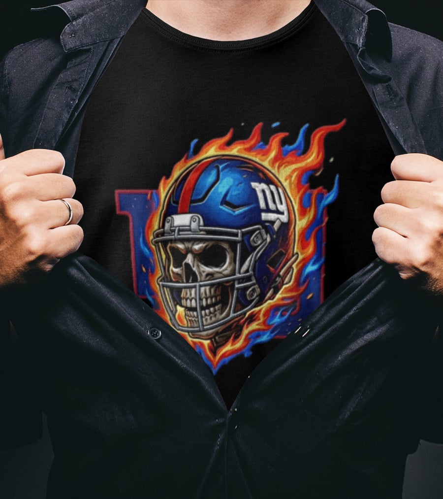 New York Giants Eli Manning Skeleton Flaming Helmet NFL T-Shirt
