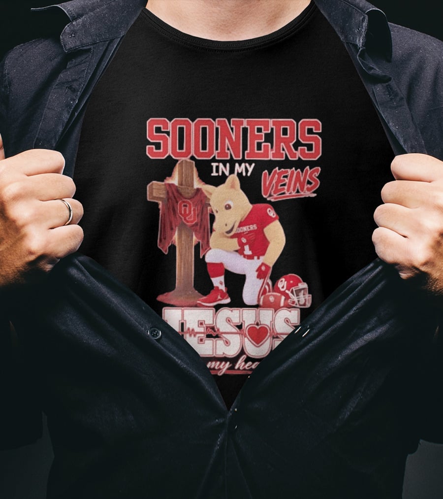 Oklahoma Sooners In My Veins Jesus In My Heart Football Mascot And Cross T-Shirt