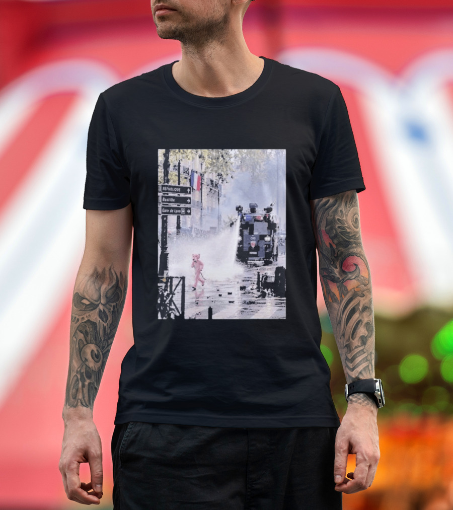Pink Panther France 2026 Running Through Streets Under Riot Control Water Cannon T-Shirt