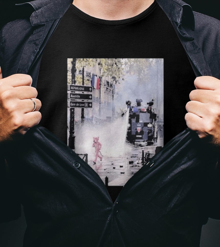 Pink Panther France 2026 Running Through Streets Under Riot Control Water Cannon T-Shirt