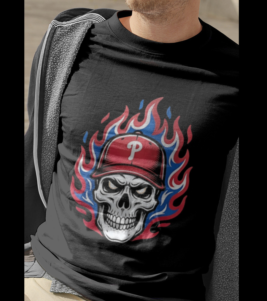 Philadelphia Phillies Skull Baseball Cap Flames T-Shirt