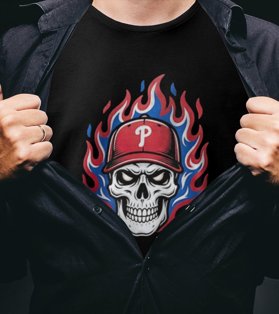 Philadelphia Phillies Skull Baseball Cap Flames T-Shirt