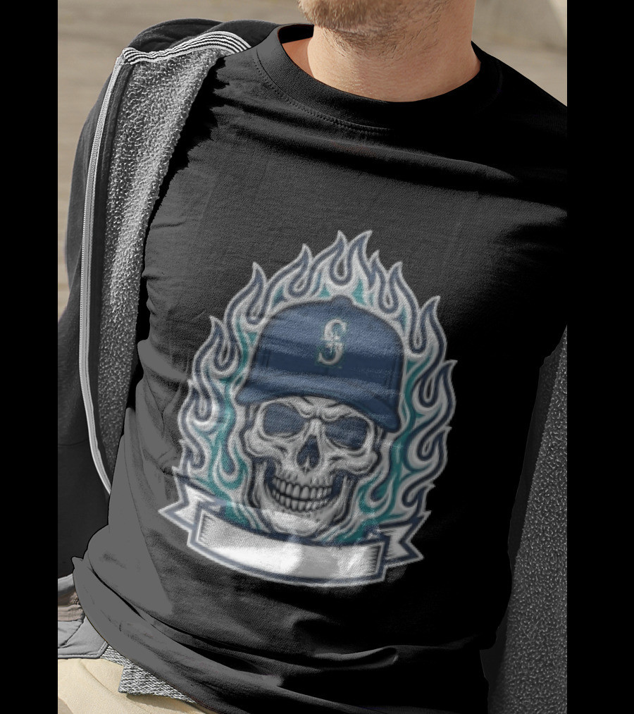 Seattle Mariners Skull Cap Flames Skeleton Angel Cross Wreath T-Shirt