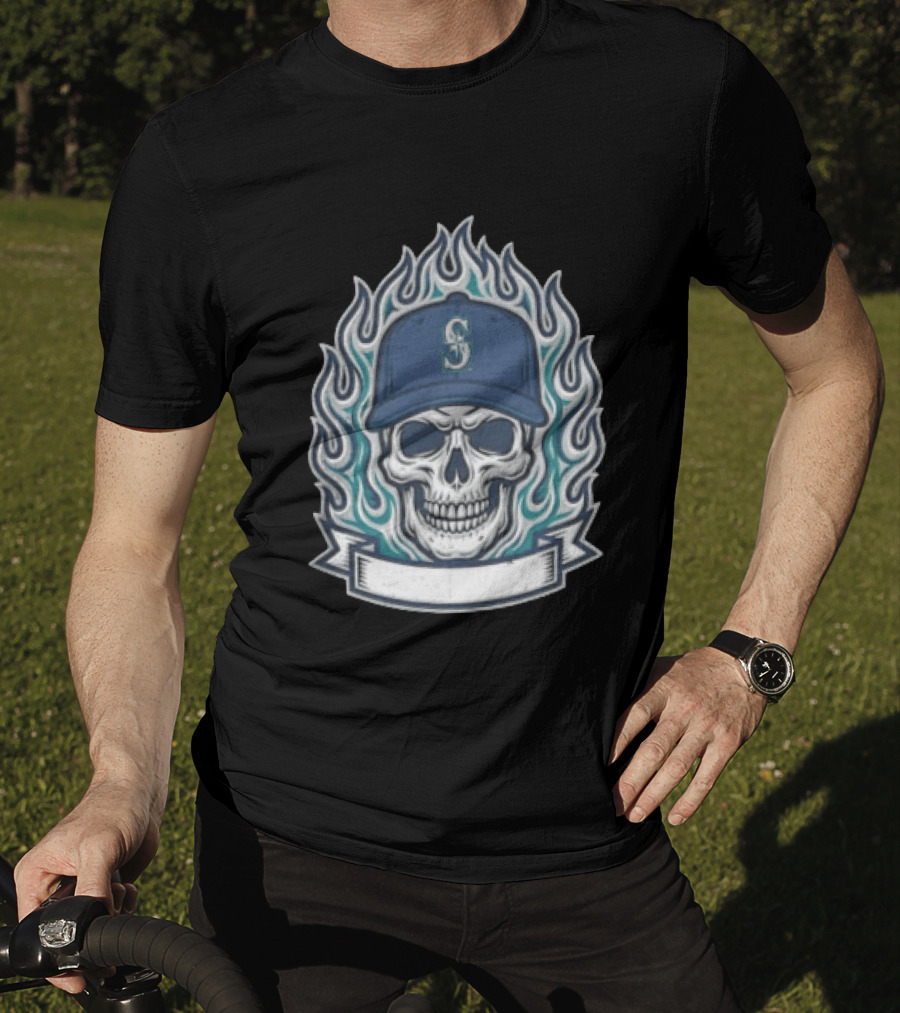 Seattle Mariners Skull Cap Flames Skeleton Angel Cross Wreath T-Shirt