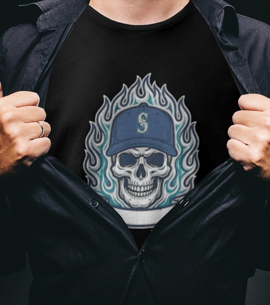 Seattle Mariners Skull Cap Flames Skeleton Angel Cross Wreath T-Shirt