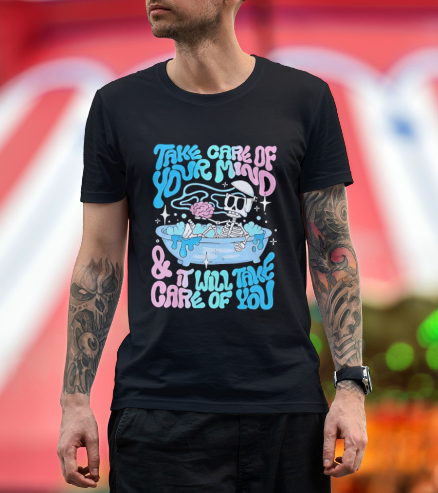 Skeleton Take Care Of Your Mind Neon Pastel Aesthetic T-Shirt