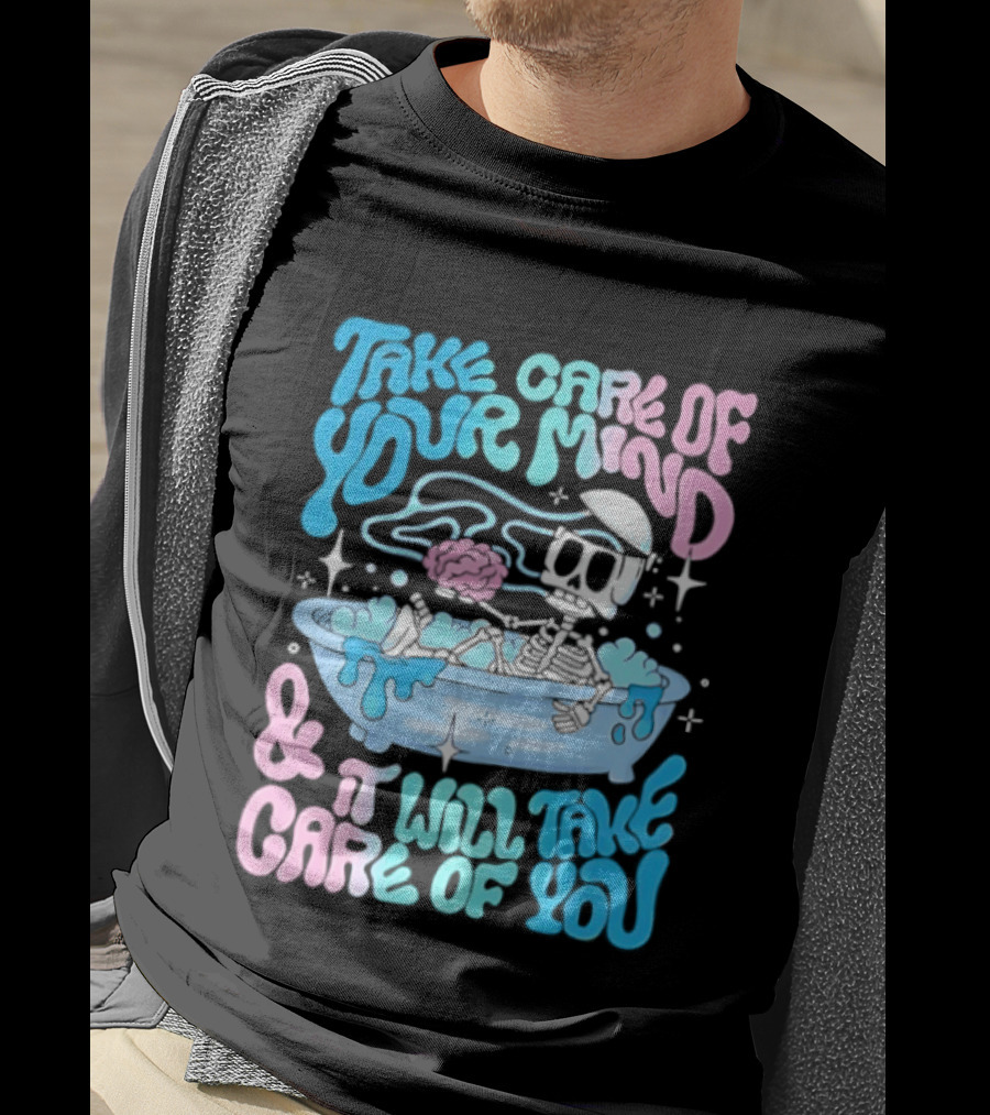 Skeleton Take Care Of Your Mind Neon Pastel Aesthetic T-Shirt