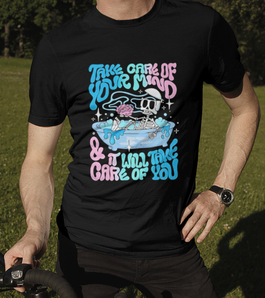 Skeleton Take Care Of Your Mind Neon Pastel Aesthetic T-Shirt