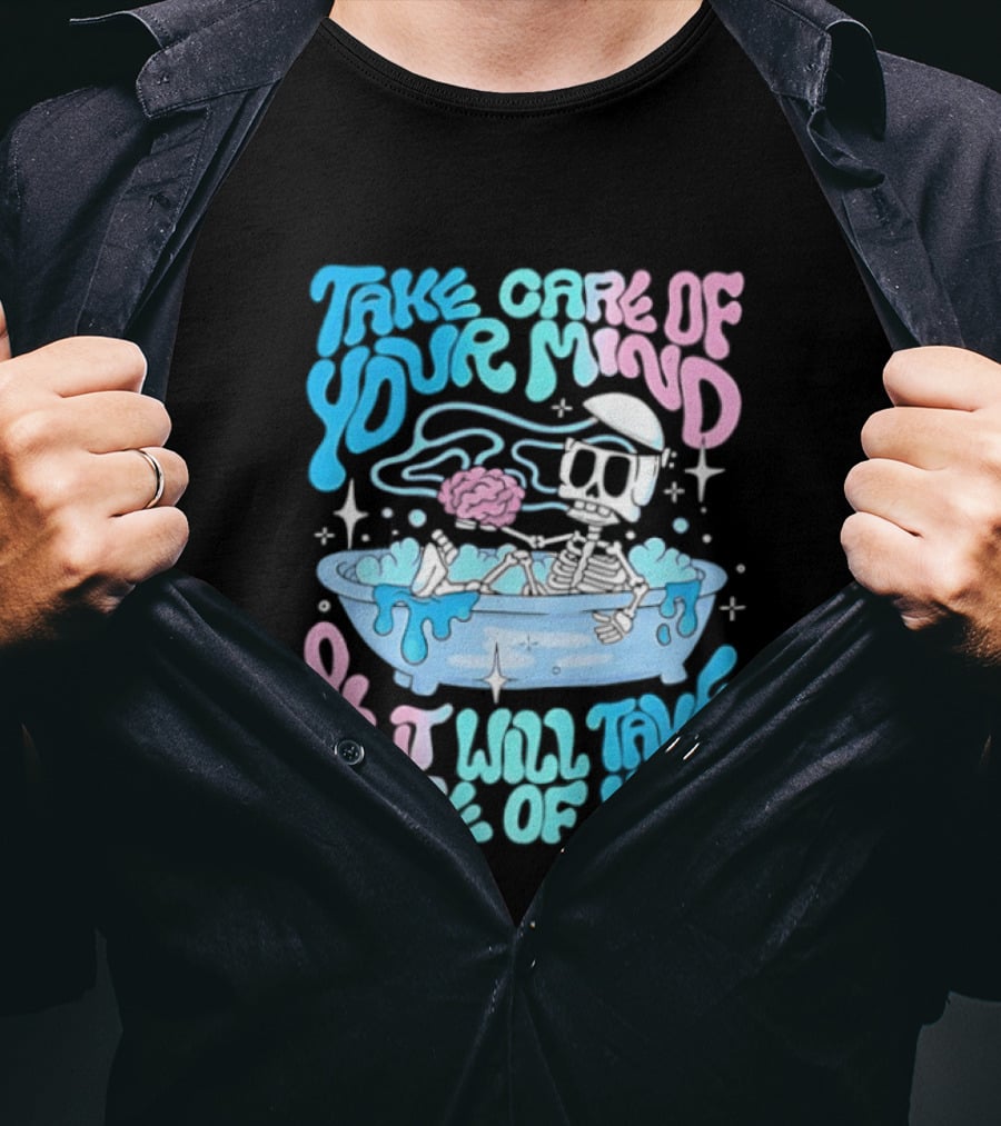 Skeleton Take Care Of Your Mind Neon Pastel Aesthetic T-Shirt