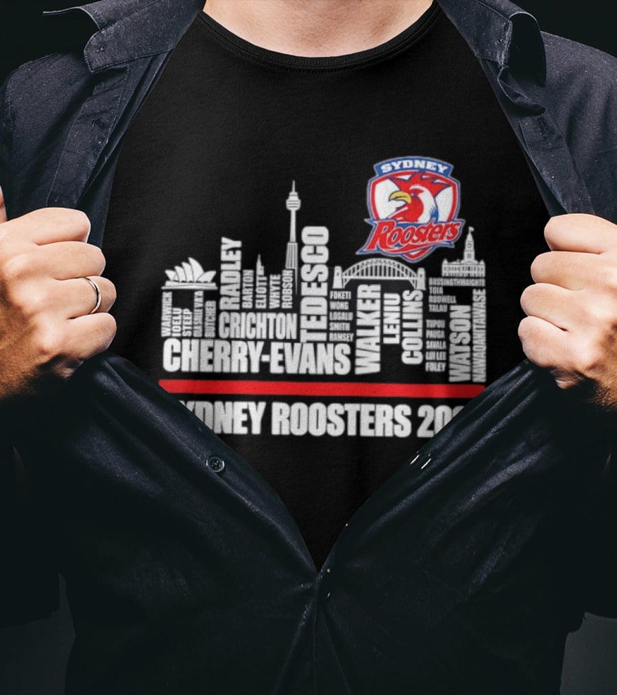 Sydney Roosters 2026 Tedesco Cherry Evans Walker Collins Skyline T-Shirt