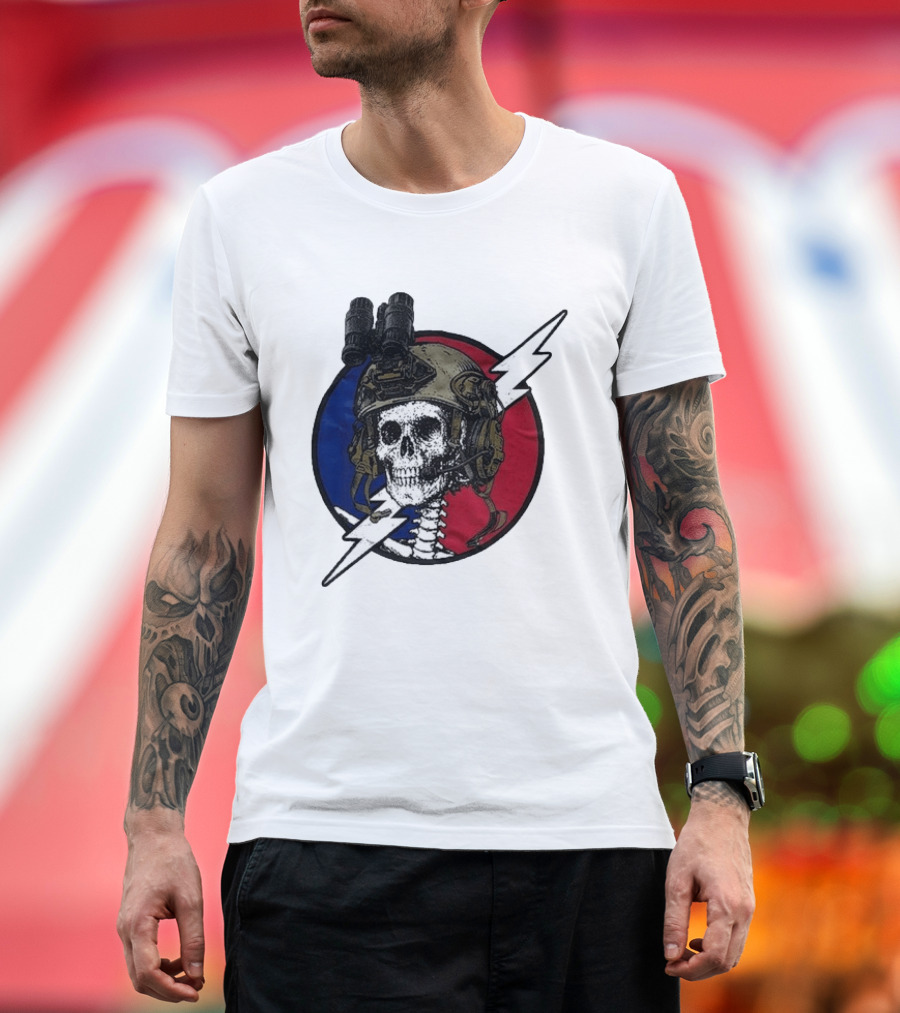Grateful Dead Carry The Fire Skull With Helmet Lightning Bolt Blue Red Circle T-Shirt