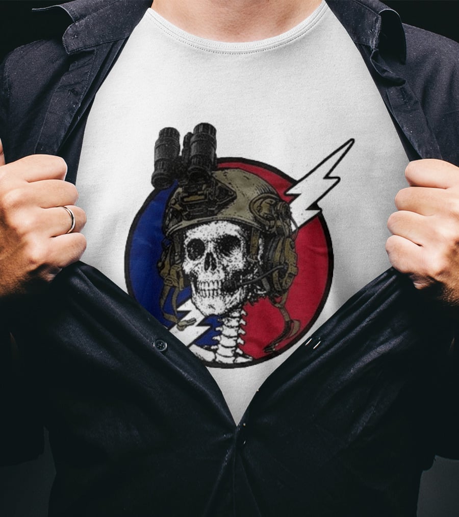 Grateful Dead Carry The Fire Skull With Helmet Lightning Bolt Blue Red Circle T-Shirt