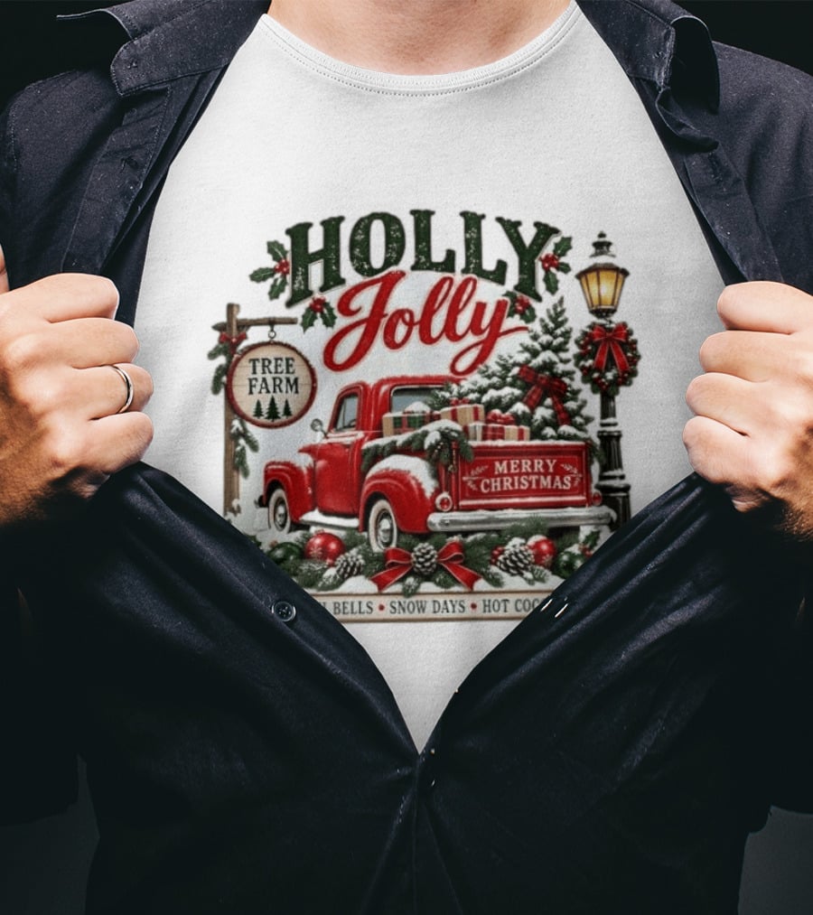 Holly Jolly Red Truck Merry Christmas Tree Farm Sleigh Bells Snow Days Hot Cocoa T-Shirt