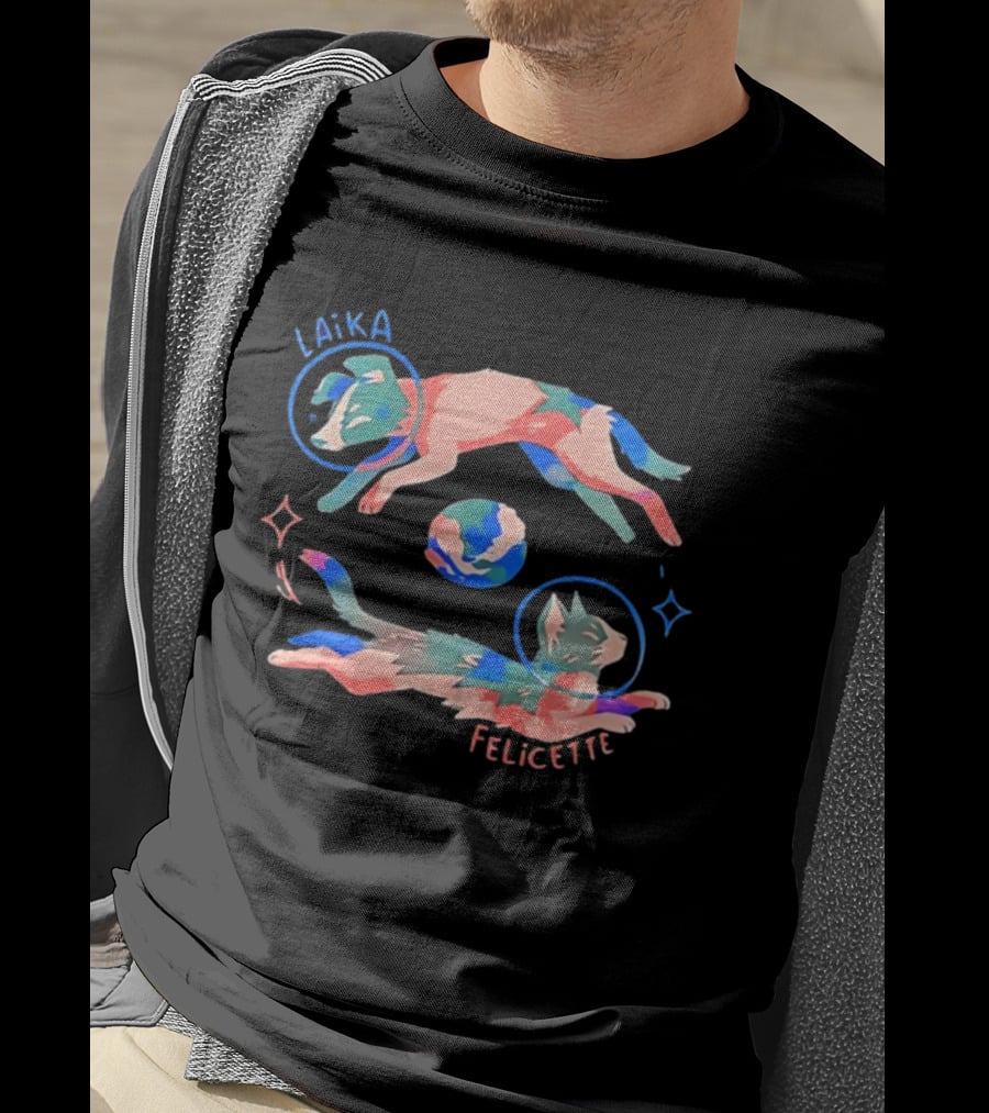 Felicette Cat And Laika Dog Celestial Orbit With Earth And Stars T-Shirt