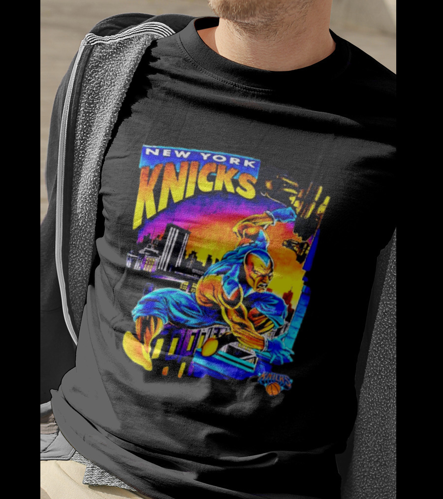 New York Knicks Superhero Action Skyline Scene T-Shirt