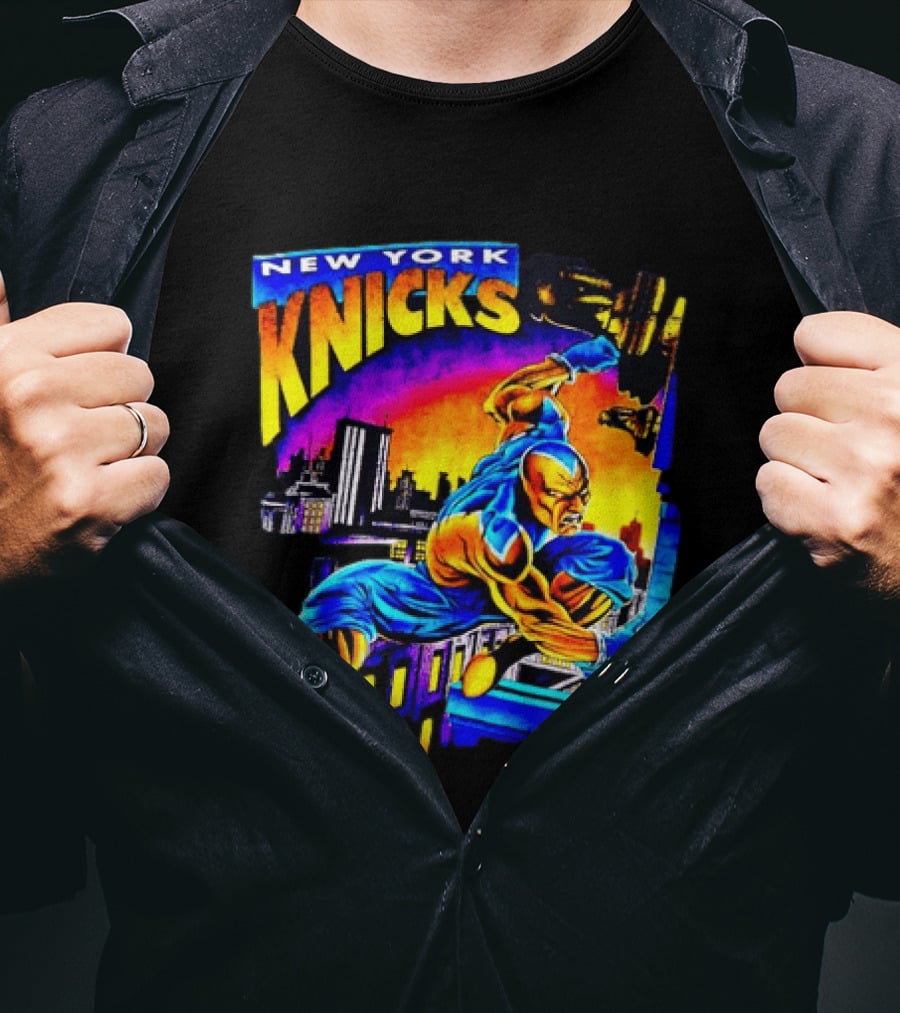 New York Knicks Superhero Action Skyline Scene T-Shirt