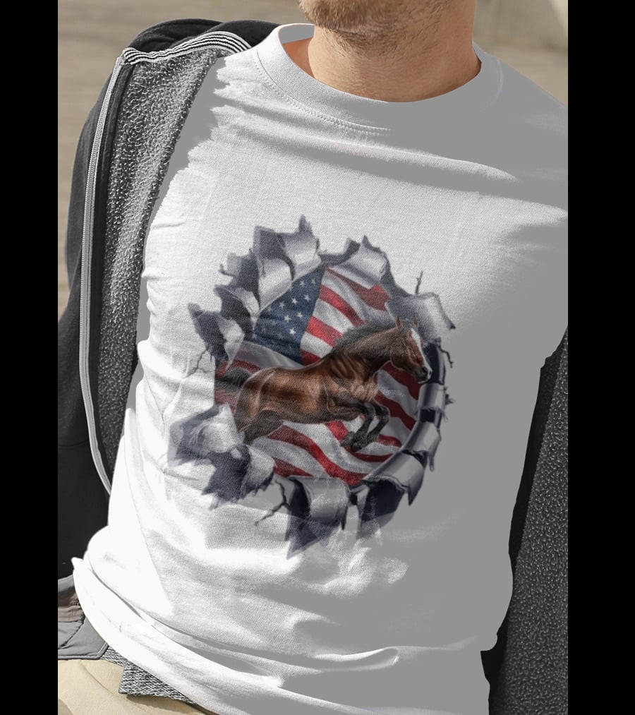 Escaping Horse With American Flag Background 3D Effect T-Shirt