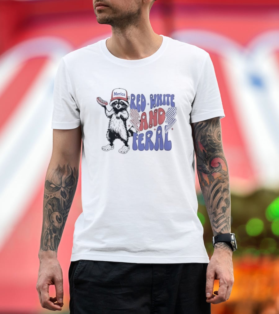 Raccoon Red White And Feral Hot Dog 4th Of July Merica Independence Day T-Shirt